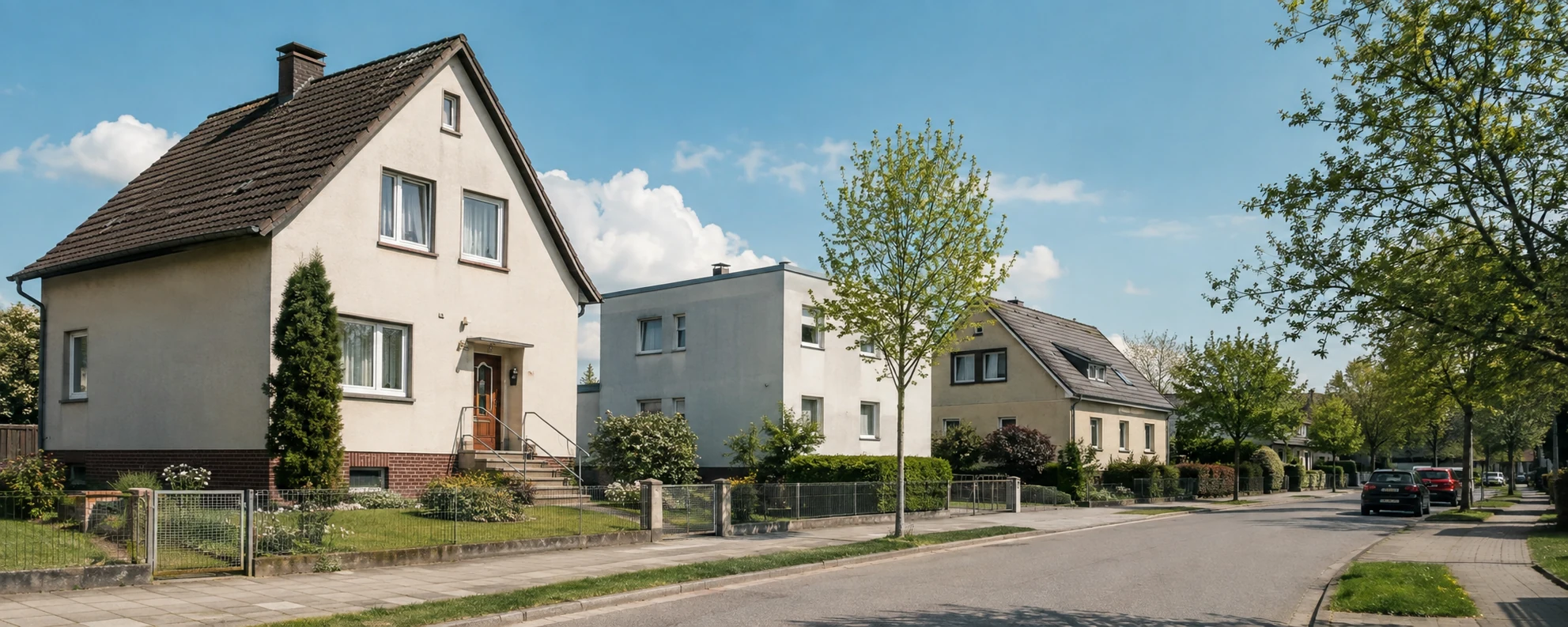 Gepflegte Wohnstraße mit unterschiedlichen mitteleuropäischen Bestandsgebäuden