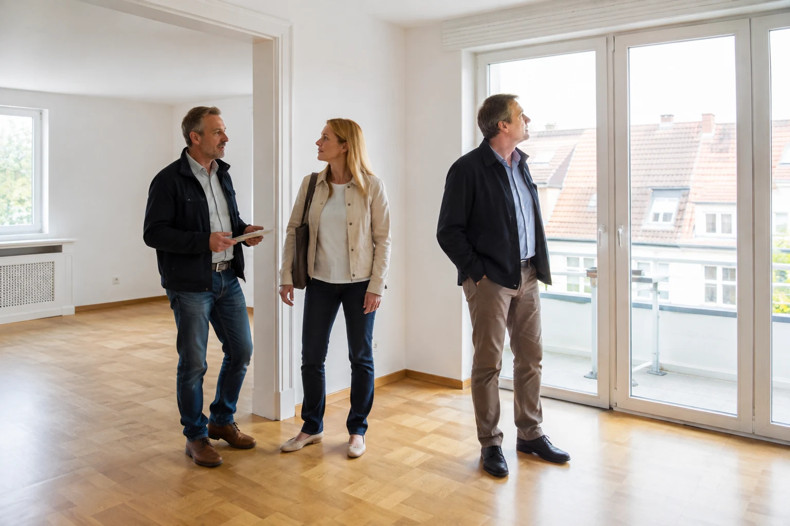 Paar und Begleiter besichtigen eine helle Eigentumswohnung mit Balkon